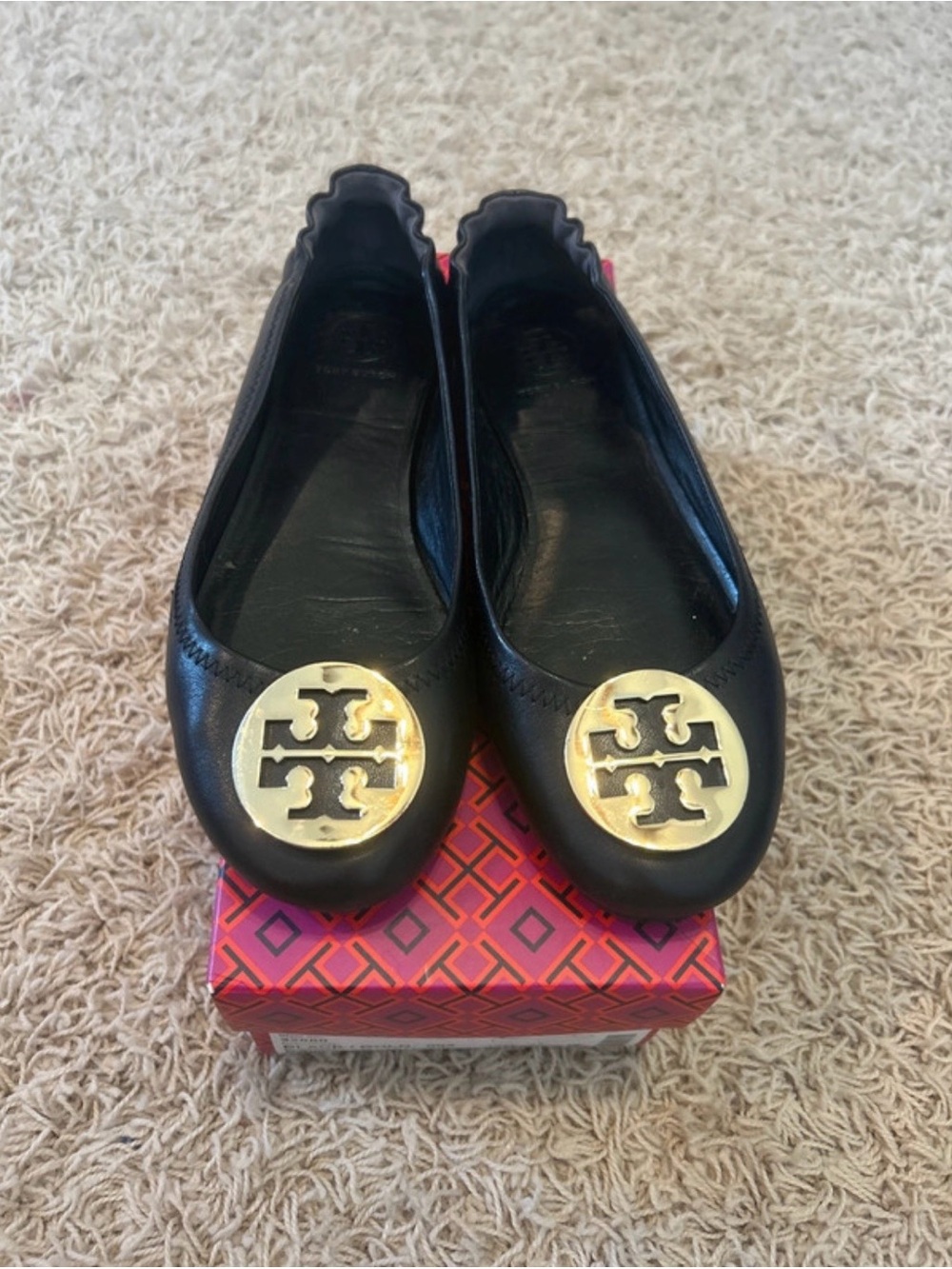 Tory Burch Black Leather Ballet Flats with Gold Logo